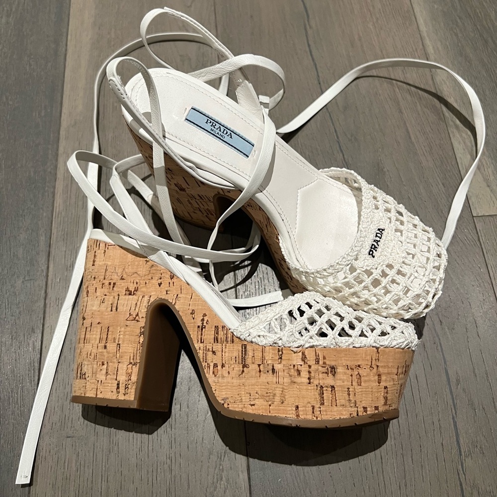 Prada White Tie Up Espadrille Platforms Only Worn Once Size 37